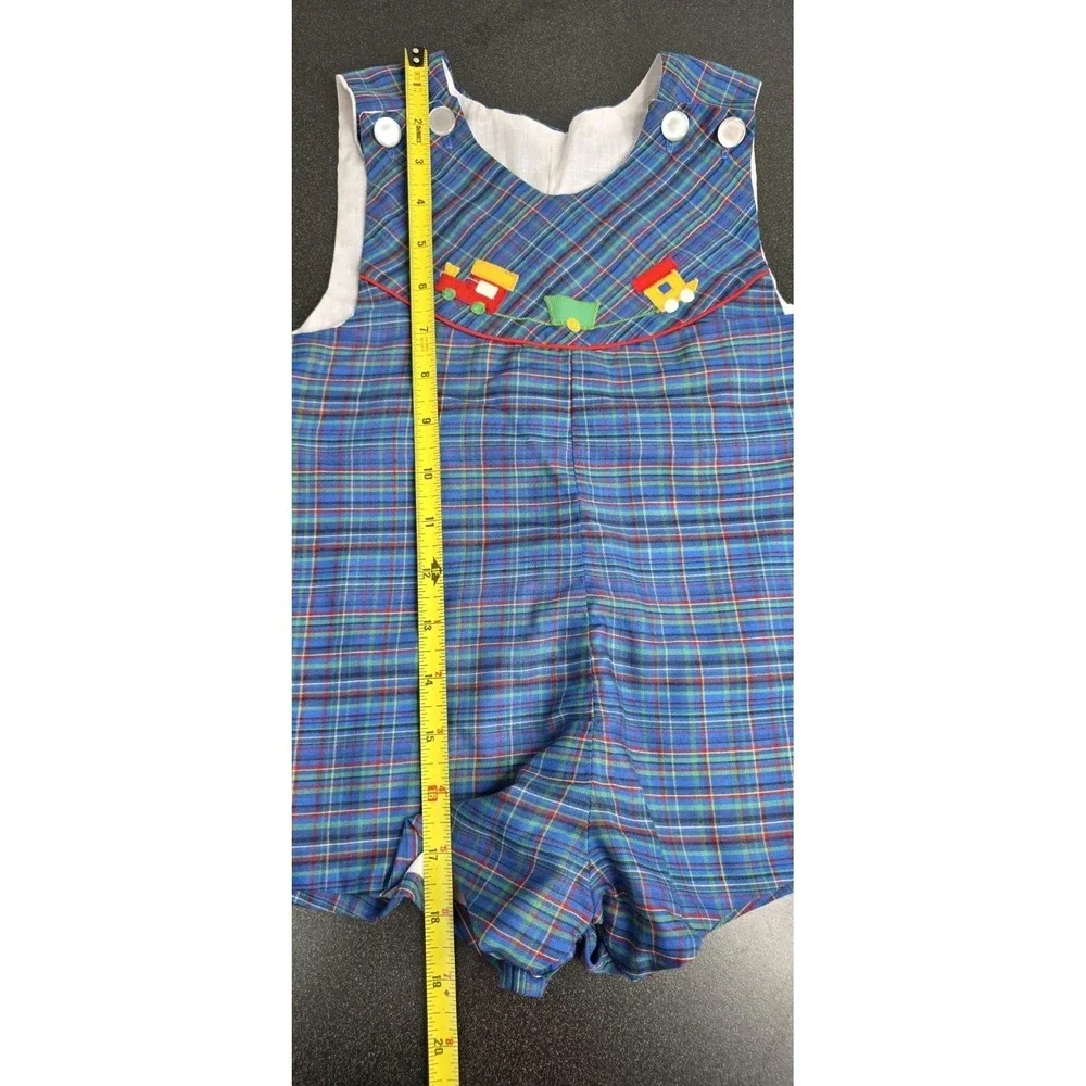 Vintage Baby Boy Blue Green Plaid Romper Shortalls Button‎ Cotton